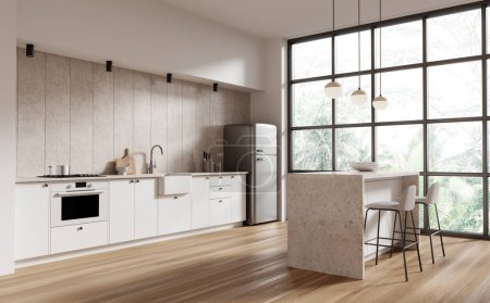 Photo for Corner of stylish kitchen with white and beige walls, wooden floor, comfortable white cabinets with built in sink and island with stools. 3d rendering - Royalty Free Image