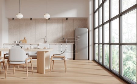 Foto de Interior de cocina moderna con paredes blancas y beige, suelo de madera, cómodos armarios blancos con fregadero empotrado y mesa de comedor larga con sillas. renderizado 3d - Imagen libre de derechos