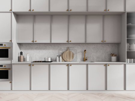 Foto de Interior de la elegante cocina con paredes blancas, suelo de hormigón y cómodos armarios grises y armarios con cocina empotrada y lavabo. renderizado 3d - Imagen libre de derechos