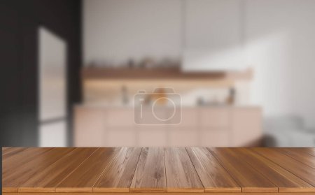 Téléchargez les photos : Table en bois vide sur fond flou de confortable intérieur de cuisine maison, espace de cuisson avec ustensiles de cuisine et évier. Maquette de l'espace de copie pour l'affichage du produit. rendu 3D - en image libre de droit