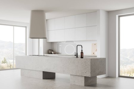 Photo for Corner view of home kitchen interior with stone bar island, sink and oven. Shelves with dishes and kitchenware, cooking space with panoramic window on countryside. 3D rendering - Royalty Free Image
