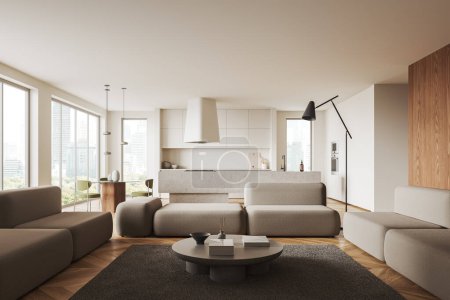 Modern home studio interior with sofa on carpet, hardwood floor. Cooking space with dining table and bar island. Panoramic window on Bangkok skyscrapers. 3D rendering