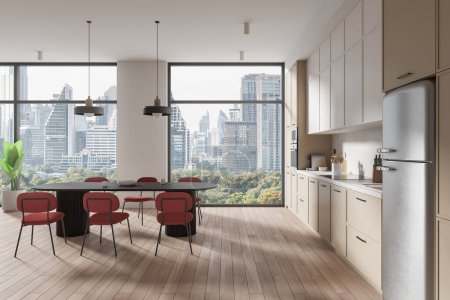 Photo for Modern home kitchen interior with dining table and chairs, panoramic window on Bangkok skyscrapers. Cooking and eating space with white and beige cabinet. 3D rendering - Royalty Free Image