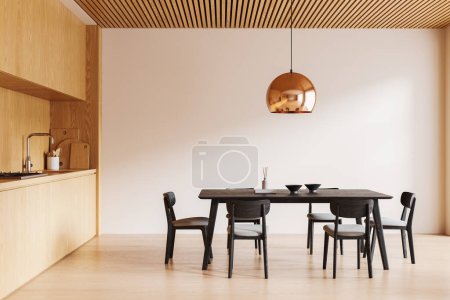 Foto de Acogedora cocina casera mesa de comedor interior con sillas, gabinete de cocina de madera con utensilios de cocina. Zona de comedor en apartamento moderno con muebles minimalistas. Renderizado 3D - Imagen libre de derechos