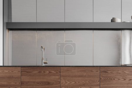 Photo for Interior of minimalistic kitchen with white walls, gray cupboards and wooden cabinets with built in modern sink. 3d rendering - Royalty Free Image