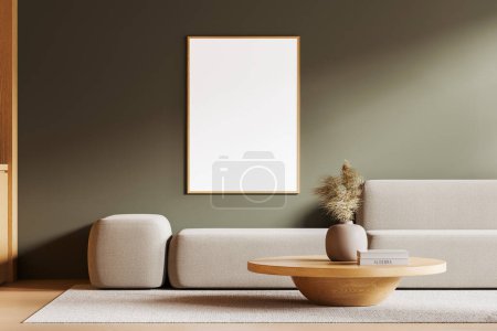 Téléchargez les photos : Salon scandinave intérieur avec canapé, table basse avec vase et livres sur moquette plancher de bois franc. Affiche de toile maquillée sur mur vert. rendu 3D - en image libre de droit