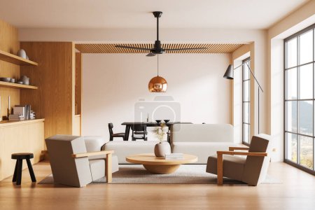 Foto de Casa de madera sala de estar interior con mesa de comedor y sillas, sofá y sillón con mesa de centro en la alfombra, suelo de madera. Ventana panorámica en el campo. Renderizado 3D - Imagen libre de derechos