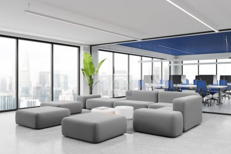 Photo for Corner view of business interior with lounge zone and glass coworking room. Workspace with pc computers, modular sofa near panoramic window on Kuala Lumpur skyscrapers. 3D rendering - Royalty Free Image