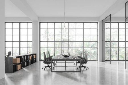 Photo for Stylish office business interior with conference table and chairs, black wooden shelf with folders on concrete floor. Panoramic window on tropics. 3D rendering - Royalty Free Image