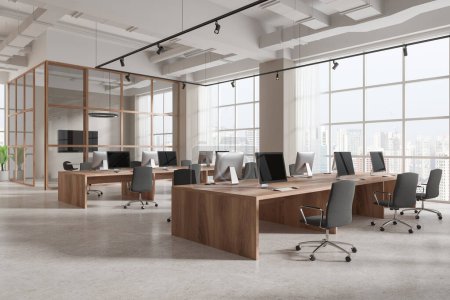 Foto de Esquina de la moderna oficina de espacio abierto con paredes blancas y beige, piso de hormigón y fila de mesas de madera con sillas grises. renderizado 3d - Imagen libre de derechos