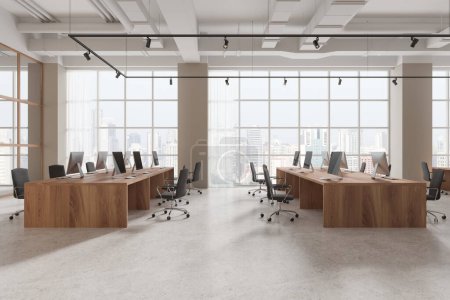 Foto de Interior de la moderna oficina de espacio abierto con paredes blancas y beige, piso de hormigón y fila de mesas de madera con sillas grises. renderizado 3d - Imagen libre de derechos