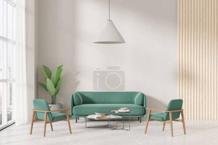 Stylish home living room interior with green sofa and two armchairs, coffee table with decoration and panoramic window on skyscrapers. Relaxing space with cozy furniture. 3D rendering