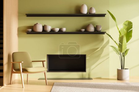 Photo for Stylish home living room interior with armchair, shelf with vase and fireplace, carpet on hardwood floor. Cozy relaxing space with Scandinavian design. 3D rendering - Royalty Free Image