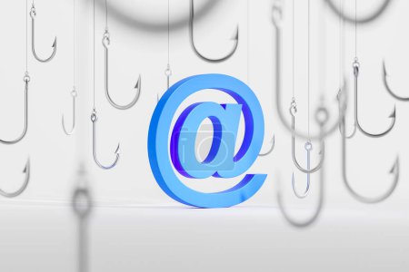 Foto de Vista del símbolo de correo electrónico azul rodeado de ganchos sobre fondo gris. Concepto de estafa, spam y robo de datos. Delito cibernético y actividad maliciosa. renderizado 3d - Imagen libre de derechos