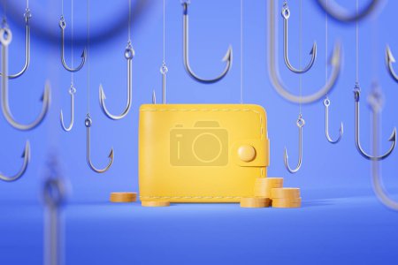 Téléchargez les photos : Vue du portefeuille jaune entouré de crochets sur fond bleu. Concept d'arnaque, de vol d'argent et d'activité criminelle. Rendu 3d - en image libre de droit