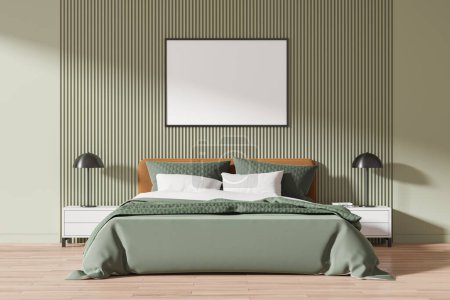Foto de Interior de un elegante dormitorio con paredes verdes y blancas, suelo de madera, cómoda cama king size con dos mesitas de noche. Simulación horizontal de póster. renderizado 3d - Imagen libre de derechos