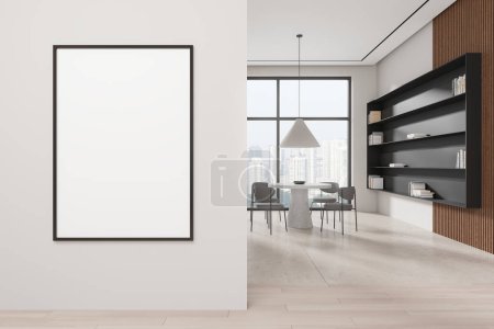 Photo for Stylish home living room interior with chairs and dining table, shelf with decoration. Eating space with panoramic window on skyscrapers. Mock up canvas poster on partition. 3D rendering - Royalty Free Image