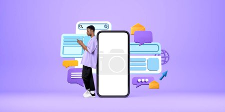 Photo for Black man standing near mock up smartphone, web bar search and speech bubbles with e-mails. Concept of digital communication, connection, website and mobile app - Royalty Free Image