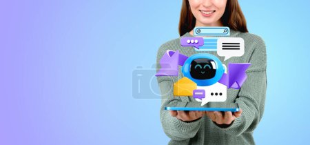 Photo for Unrecognizable young woman holding tablet with AI artificial intelligence chat bot standing over purple copy space background. Concept of machine learning - Royalty Free Image