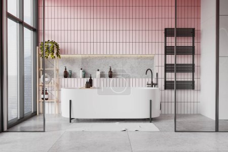 Photo for White and pink hotel bathroom interior with bathtub and glass partition, carpet on concrete floor. Bathing space in modern apartment with panoramic window on skyscrapers. 3D rendering - Royalty Free Image