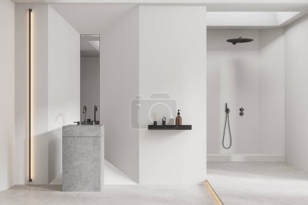 Téléchargez les photos : Élégant intérieur de salle de bain avec lavabo et grand miroir, étagère avec accessoires et douche. Espace de baignade minimaliste avec des meubles modernes. rendu 3D - en image libre de droit