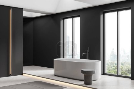 Ecke des stilvollen Badezimmers mit grauen Wänden, Betonboden und komfortabler weißer Badewanne, die zwischen Fenstern mit Bergblick steht. 3D-Darstellung