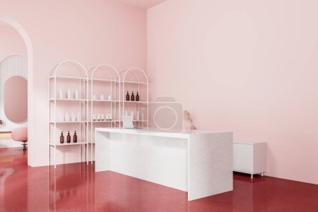 Téléchargez les photos : Coin de salon de beauté élégant avec des murs roses, plancher rouge et comptoir de réception blanc confortable debout près du mur. Rendu 3d - en image libre de droit