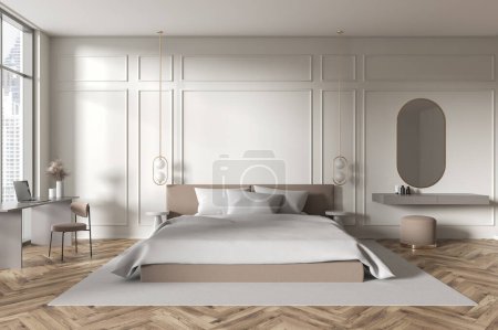 Photo for Classic hotel bedroom interior bed and work table with laptop, beauty zone with mirror and cosmetics. Cozy room in apartment with panoramic window on skyscrapers. 3D rendering - Royalty Free Image