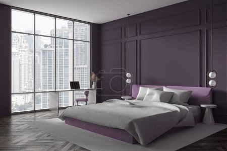 Foto de Esquina de dormitorio moderno con paredes de color púrpura, suelo de madera oscura, cómoda cama king size y escritorio de la computadora de pie cerca de la ventana. renderizado 3d - Imagen libre de derechos