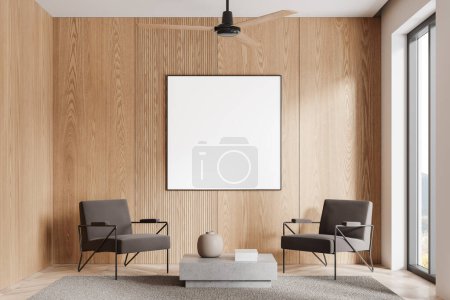 Foto de Casa de madera sala de estar interior con dos sillones, mesa de centro en el suelo de madera de la alfombra. Simular cartel de lona y ventana panorámica en el campo. Renderizado 3D - Imagen libre de derechos
