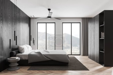 Black wooden home bedroom interior bed, nightstand and closet with shelf, hardwood floor. Minimalist sleep room with panoramic window on countryside. 3D rendering