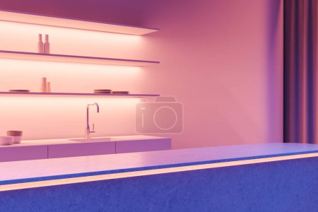 Foto de Acogedor mostrador de bar largo de pie en el restaurante moderno con paredes púrpuras y luces de neón vibrantes. renderizado 3d - Imagen libre de derechos