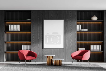 Modern office room interior relax or meeting space, two red armchairs and coffee table, carpet on concrete floor. Black wooden shelf with documents and mock up copy space poster. 3D rendering