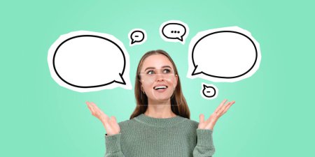 Portrait of cheerful young European woman standing over green background with speech bubbles. Concept of communication and planning