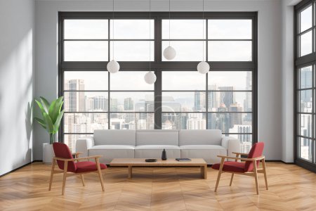 Téléchargez les photos : Confortable salon intérieur avec canapé et fauteuils rouges, table basse avec décoration et plante sur plancher de bois franc. Zone salon avec fenêtre panoramique sur Kuala Lumpur. rendu 3D - en image libre de droit