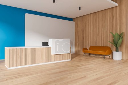 Corner view of office interior with reception desk, sofa on hardwood floor. Business meeting and chill space with minimalist furniture in business company. 3D rendering