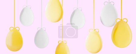 Blick auf schöne gelbe und weiße Ostereier auf rosa Hintergrund. Konzept der Osterfeier und des Festes. 3D-Darstellung