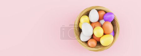 Téléchargez les photos : Vue du dessus des œufs peints dans un panier en bois, espace de copie vide fond rose. Concept de Joyeuses Pâques, décoration et vacances. Illustration de rendu 3D - en image libre de droit