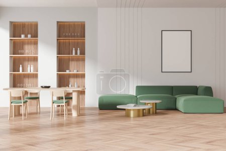 Photo for Modern home living room interior with eating table and chairs, shelf with dishes. Sofa and coffee table on hardwood floor. Mock up canvas poster on wall. 3D rendering - Royalty Free Image