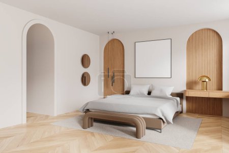 Foto de Esquina vista del dormitorio del hotel cama interior y ropa de cama, cajón con decoración. Espacio para dormir con puerta de arco y maqueta de cartel de lona cuadrada en la pared de color beige. Renderizado 3D - Imagen libre de derechos