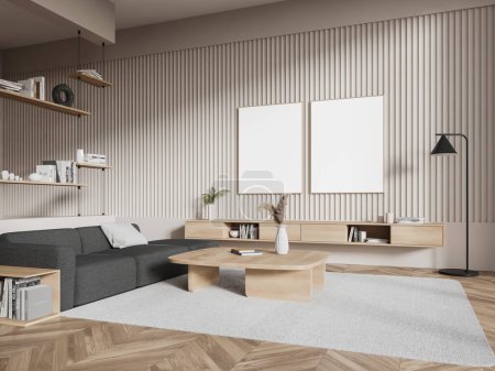 Photo for Corner view of home living room interior with sofa, wooden sideboard and shelf with art decoration and books, hardwood floor. Two mock up canvas posters in row. 3D rendering - Royalty Free Image