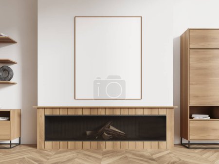 Photo for Minimalist wooden home living room interior with fireplace, wooden sideboard and shelf with books and art decoration. Mockup canvas poster on white wall. 3D rendering - Royalty Free Image