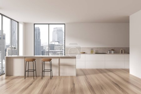Photo for Luxury home kitchen interior with bar island, sink and stove with kitchenware. Modern cooking space with arched panoramic window on Bangkok skyscrapers. 3D rendering - Royalty Free Image