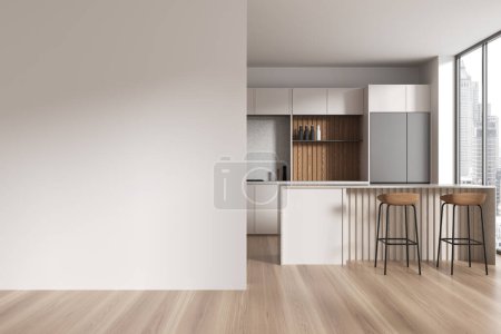 Photo for Interior of stylish kitchen with white and wooden walls, wooden floor, comfortable white cupboards and cabinets and white island with stools. Copy space wall on the left. 3d rendering - Royalty Free Image