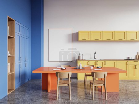 Photo for Corner view of colorful home kitchen interior with dinner table and chairs, concrete floor. Cooking and eating space with cabinet. Mock up canvas poster on wall. 3D rendering - Royalty Free Image