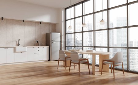 Foto de Esquina de cocina moderna con paredes blancas y beige, suelo de madera, cómodos armarios blancos con fregadero empotrado y mesa de comedor larga con sillas. renderizado 3d - Imagen libre de derechos