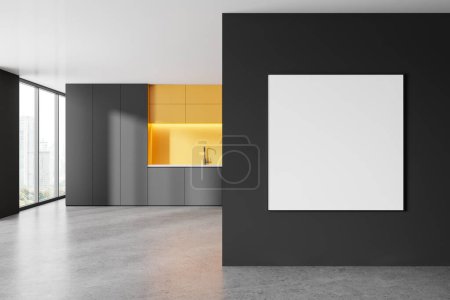 Photo for Dark home kitchen interior with cabinet and kitchenware, grey concrete floor. Luxury cooking zone in apartment with panoramic window on Bangkok. Mockup canvas poster on partition. 3D rendering - Royalty Free Image