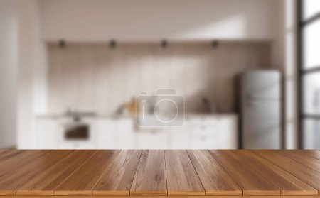 Téléchargez les photos : Table en bois vide sur fond flou de confortable intérieur de la cuisine de la maison, espace de cuisson avec appareils et fenêtre panoramique. Maquette de l'espace de copie pour l'affichage du produit. rendu 3D - en image libre de droit