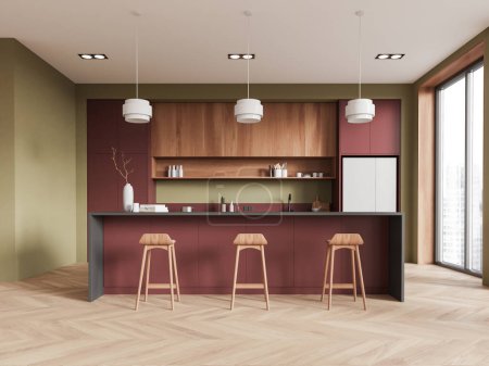 Photo for Interior of modern kitchen with green walls, wooden floor, wooden cupboards, red cabinets and cozy red island with stools. 3d rendering - Royalty Free Image