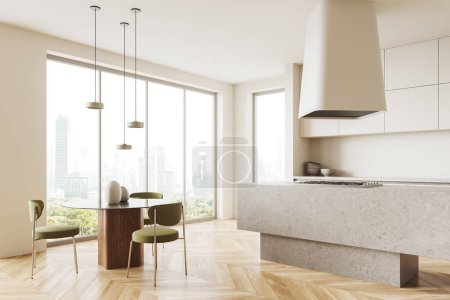 Photo for Corner view of home kitchen interior with dining table and bar island, modern cooking cabinet with shelves and kitchenware. Panoramic window on Bangkok skyscrapers. 3D rendering - Royalty Free Image